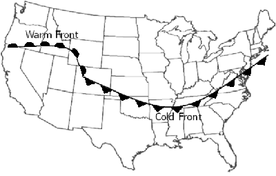 Weather map of the United States that shows a warm front and a cold front