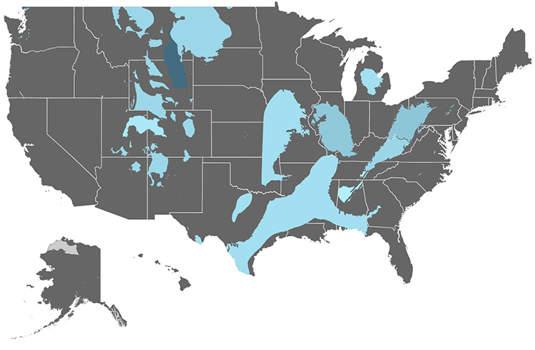 Map of U.S. coal basins. The darker the blue, the higher the coal production in the basin. Image Credit: U.S. Energy Information Administration