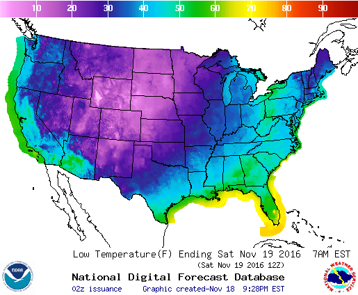 Map of forecast temperatures in the US