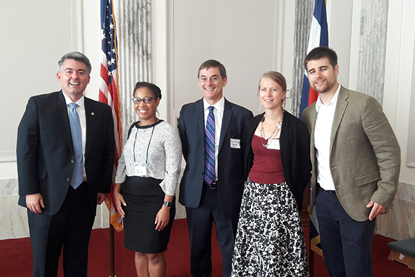 GEO-CVD 2016 participants meeting with Senator Cory Gardner from Colorado. (from left) Senator Cory Gardner(R-Colo.); Sparkle Malone of the U.S. Forest Service; Dave Ellerbroek of AECOM; Kendra Johnson and Rob Anthony (Image credit: AGI)
