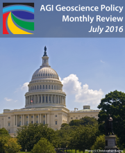 Image of the Capitol Dome, under an announcement for the July 2016 Geoscience Policy monthly review. 