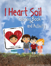Cover of the Soil Science Society of America coloring book showing a group of kids standing on top of grass, with a soil profile underneath. 