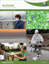GeoHealth Promotional Image that shows humans in situations facing pollution, water quality, and a microscope image. 