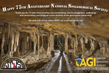 AGI&#039;s Greeting Card Congratulating NSS on its 75th anniversary. It has a picture of a cave in the background. 