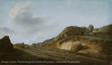 Image of an outcrop in an oil painting dated from 1770-1800, location is unknown.