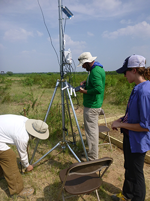 Students setting up a weather station in the field