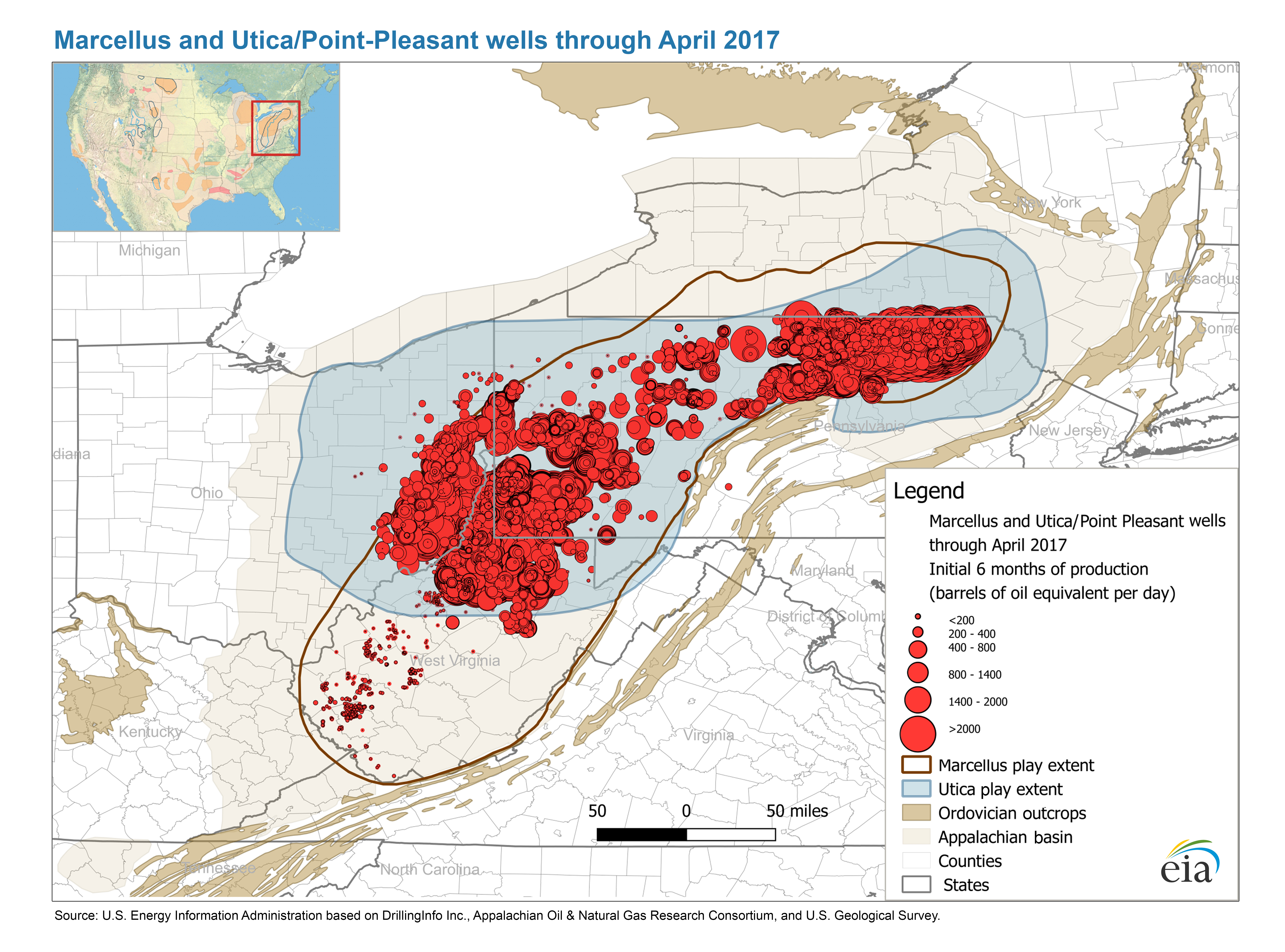 Map of wells in the Marcellus and Utica/Point Pleasant formations (Pennsylvania, Ohio, and West Virginia) through April 2017.