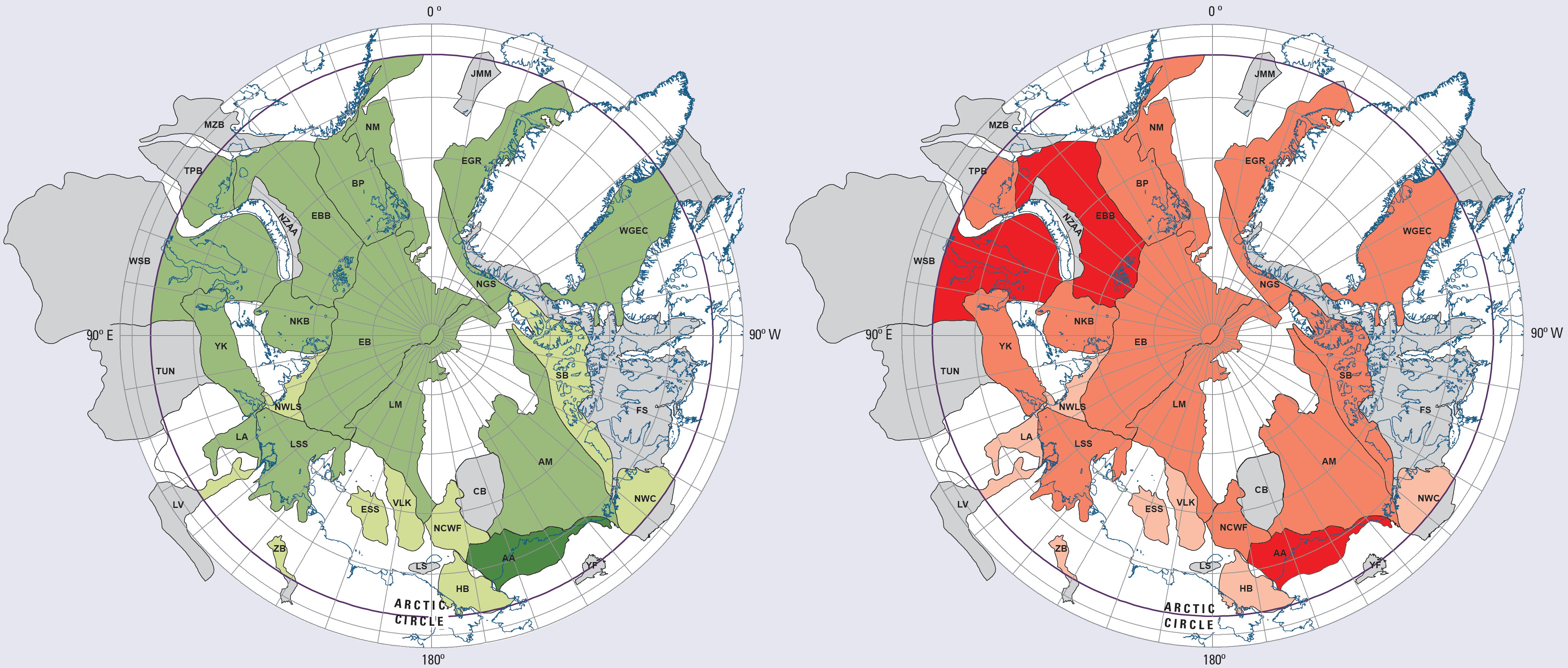 Estimated undiscovered oil (green, left) and gas (red, right) in the Arctic, according to the U.S. Geological Survey (2008).