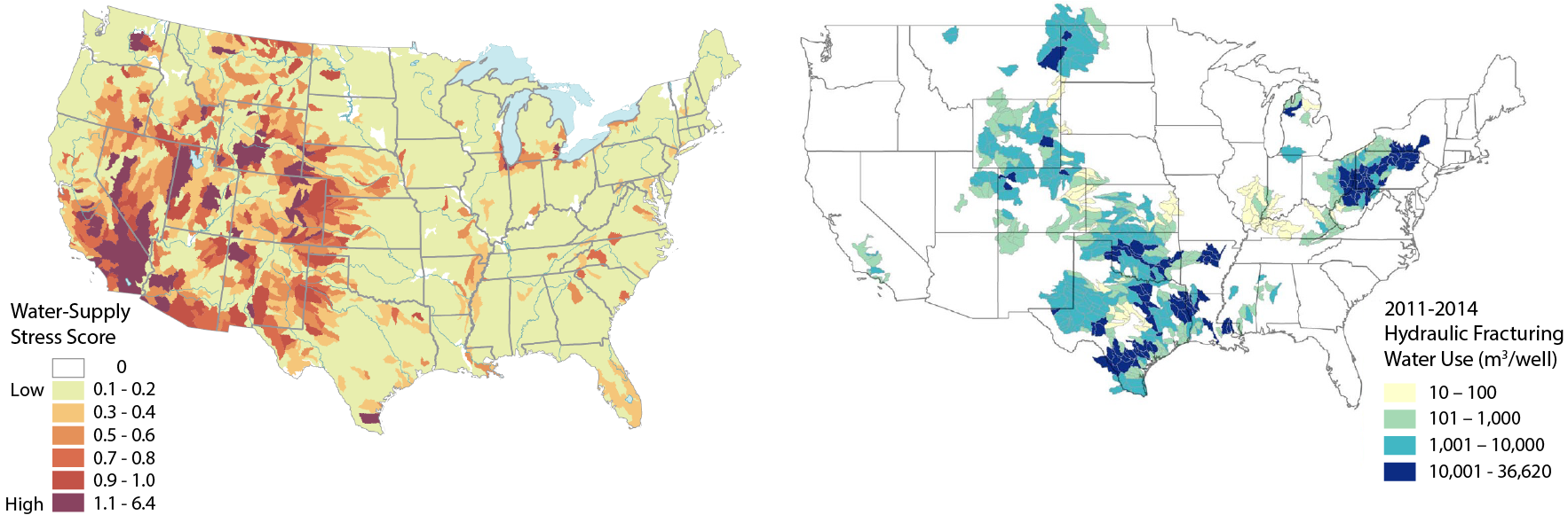 Left: Water stress in the U.S. - in brown areas of the map, total water demand for all uses ranges from 40-80 percent of available supply. Right: Hydraulic fracturing water use per well across the country.