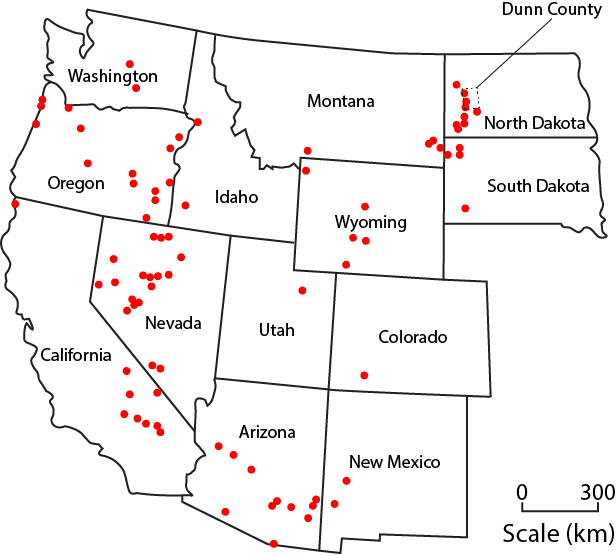 Map of erionite occurrences in the Western U.S. Figure created by Abby Ackerman for AGI, modeled after Van Gosen et al.(2013), "Geologic occurrences of erionite in the United States: an emerging national public health concern for respiratory disease"
