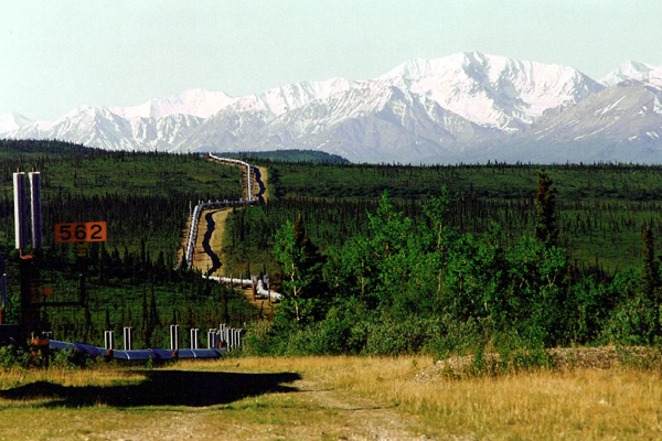The Aleyska pipeline in Alaska that transports crude oil from Prudhoe Bay down to Valdez. Image Copyright © Larry Fellows, Arizona Geological Survey.
