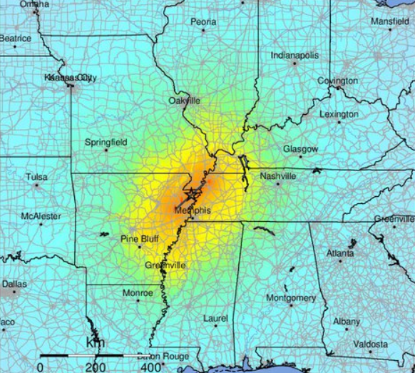Expected shaking intensity of a magnitude 7.5 earthquake on the New Madrid central fault. Greens to yellows indicate moderate to strong shaking; oranges to reds indicate severe to extreme shaking and moderate to heavy damage. Credit: US Geological Survey