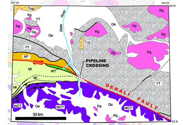 Fig. 2. Geologic map of part of the 2002 Denali Fault rupture near the Trans-Alaska Pipeline crossing in the Alaska Range. Note the striking contrast in rock type and age on opposite sides of the fault.