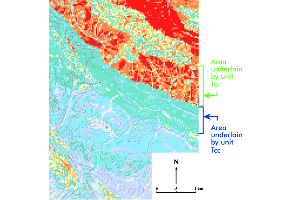 Fig.5. Large-landslide susceptibility map in the Oakland area. Orange and red areas have the highest relative susceptibility to landslides. Source: USGS MF-2385