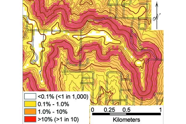 Fig. 4. This map of a portion of the city of Leavenworth shows the probability of a future landslide given the slope steepness and bedrock geology. Areas shown in red have a greater than 1 in 10 chance of a landslide. Credit: Olmacher and Davis (2003) 