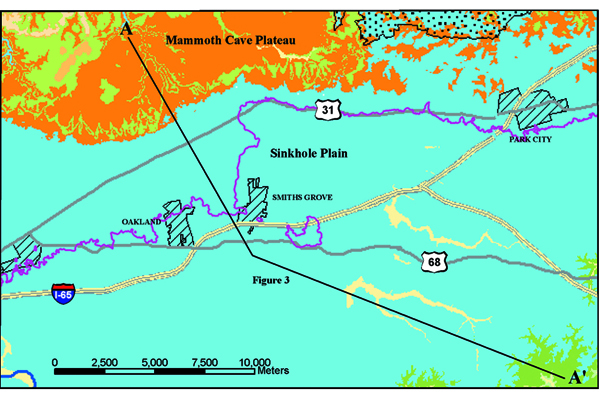 Fig. 3 Distribution of karst features within the geologic map area relative to the outcrop of Lost River Chert layer.