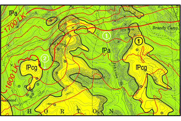 Fig. 2.  [1]The bedrock geologic map distinguishes between the surface areas underlain by economic coals and those that are not. [2]  Structure contours show the amount and direction the rocks are inclined. Credit: C. Dodge, Pennsylvania Geological Survey