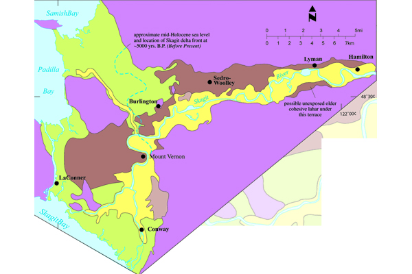 Fig. 5. The geologic map of the lower Skagit River Valley shows the extent of exposed lahar deposits from Glacier Peak volcano. This information is vital to regional and local land planning / emergency preparedness in the area. Credit: Dragovich et al.