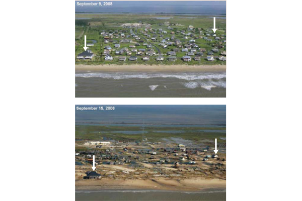 Fig.1 Before and after photographs of the Bolivar Peninsula show how the developed area was stripped of vegetation and homes were severely damaged or destroyed. Image Credit: USGS