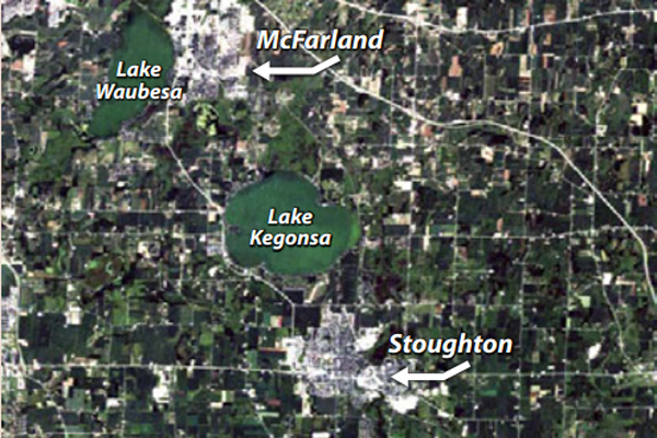 Fig. 2 Landsat TM imagery showing the Stoughton, Wisconsin area on July 19, 2005. This image uses blue, green, and red EM radiation bands in a natural color image