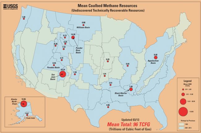 Map showing estimated undiscovered but technically recoverable resources of coalbed methane in the United States. Image Credit: USGS