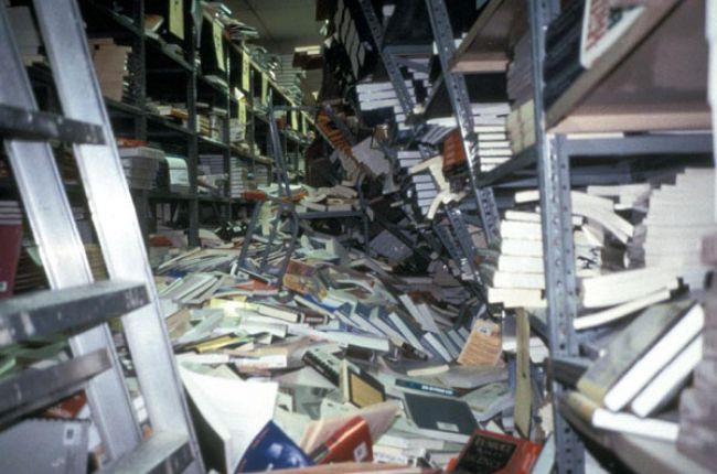 A library in California following an earthquake. Image Copyright © California State University Northridge Geology Department, Image source: Earth Science World Image Bank http://www.earthscienceworld.org/images