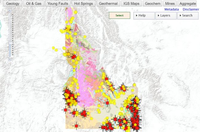 Screenshot of the Idaho Geological Survey's interactive map of Idaho