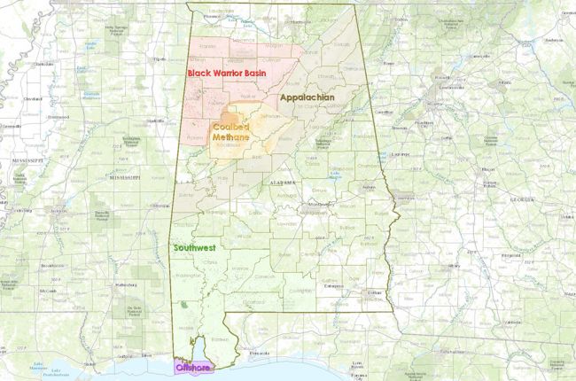 Screenshot of the interactive map of oil and gas resources in Alabama