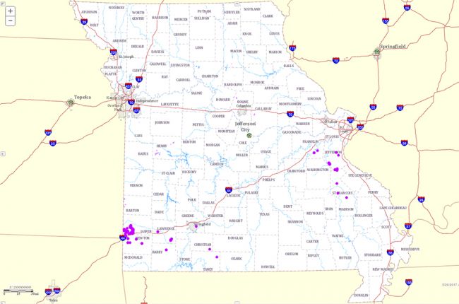 Screenshot of interactive map of abandoned mines in Missouri