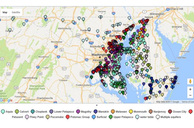 Screenshot of interactive map of groundwater levels in Maryland