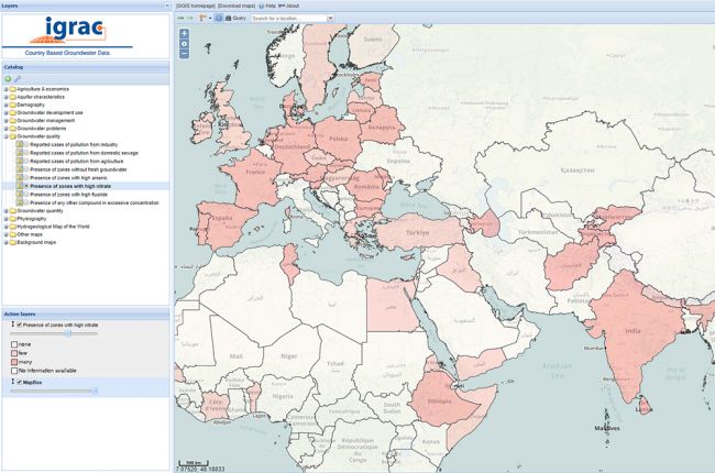 Screenshot of a map showing country based groundwater data: presence of zones with high nitrate