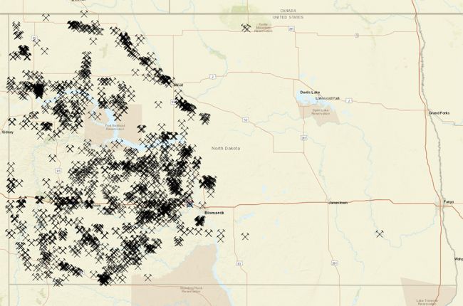 Screenshot of the North Dakota Public Service Commission's interactive map of abandoned mines in North Dakota