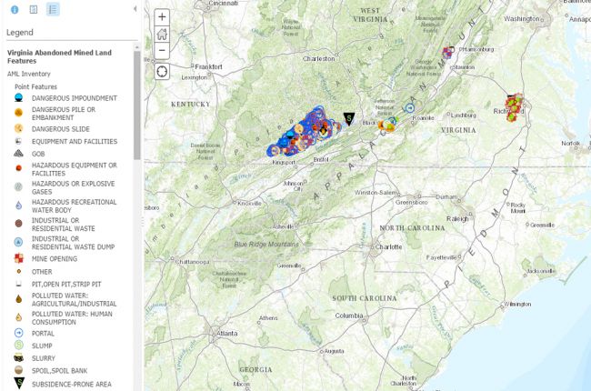 Screenshot of VA abandoned mines interactive map