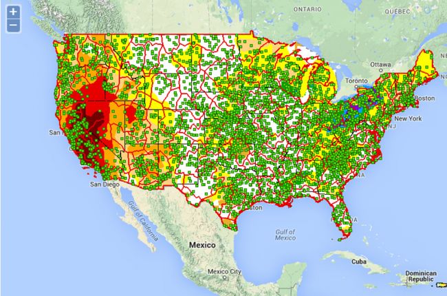Screenshot of the interactive drought risk map of the United States