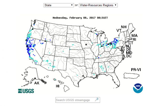 Screenshot of USGS WaterWatch map