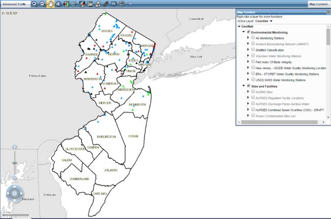 Screenshot of the New Jersey DEP's map of New Jersey's geoscience features