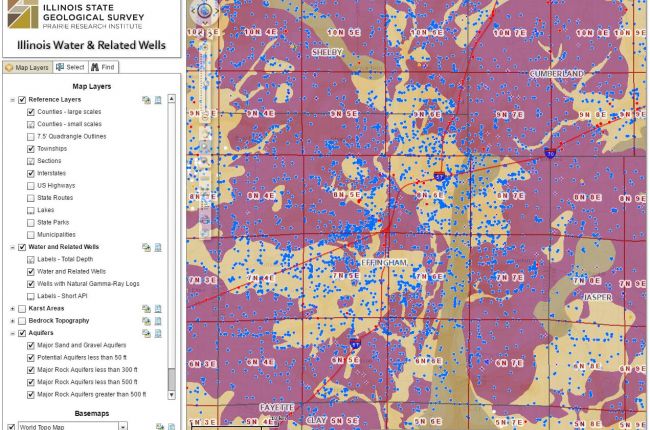 Screenshot of interactive map. Water wells in the area around Effingham, IL.