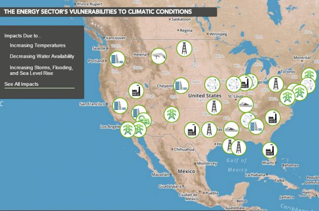 Screenshot of the interactive map of the energy sector's vulnerabilities to climatic conditions