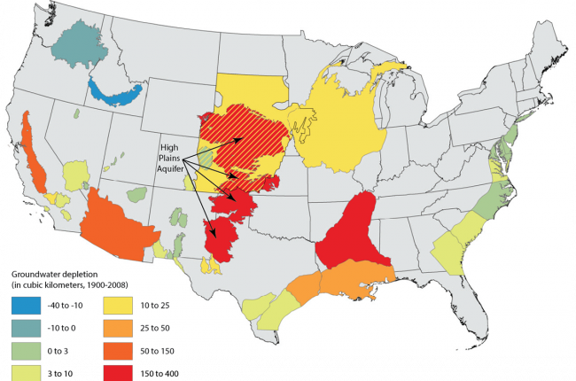 Figure 1: Map of total groundwater depletions (in cubic km) for major aquifers in the contiguous U.S. from 1900-2008.