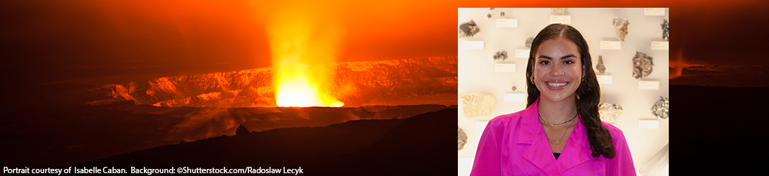 Indoor portrait of Isabelle Caban. Background image of a glowing volcano.