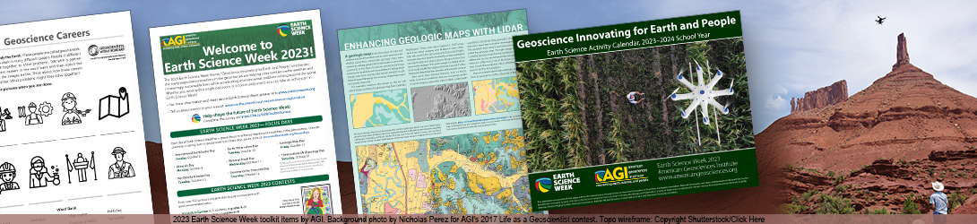 2023 Earth Science Week toolkit items. Background photo of scientists using a drone for mapping.