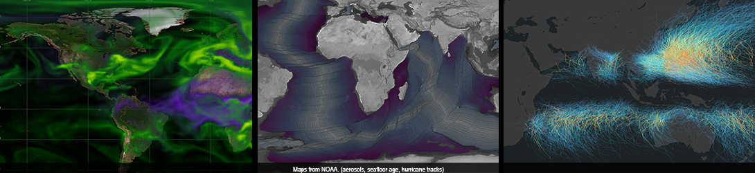 Portions of 3 world maps from NOAA: aerosols, seafloor age, and hurricane tracks.