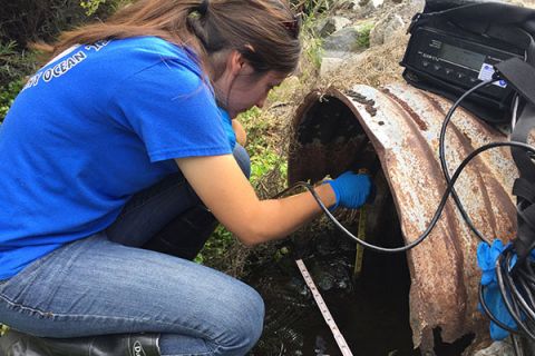 Taking depth and velocity of flow at an exposed pipe in the Newport Bay Watershed. Image Credit: Mayra Martinez, AGI Life in the Field Contest, 2017