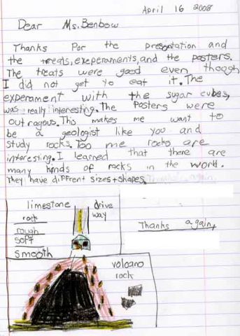 A letter from an elementary student thanking a visiting scientist for coming to the classroom