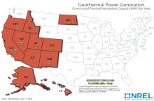 Screenshot of NREL's map of installed geothermal power capacity in each U.S. state as of February 2015