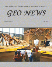 Cover of the July 2016 North Dakota Geo News that shows a picture of a family looking at dinosaur fossils in a museum. 