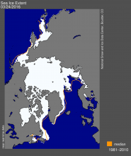 Arctic sea ice extent for March 24, 2016, was the lowest on record. Credit: NSIDC