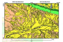 Fig. 1. Simplified geologic map of the Rifle and Silt quadrangles in Garfield County, CO. Yellow indicates unconsolidated sand and gravel deposits. Yellow with black dots indicates deposits of wind-blown silt (loess). Credit: USGS