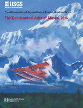 Cover of the Updated Version of the Geochemical Atlas of Alaska. Watercolor of a plane flying through Alaskan Mountain Ranges. 