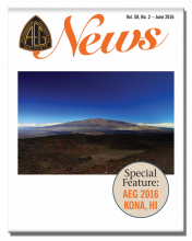 Cover of the AEG June 2016 Newsletter with an image of a Hawaiian Volcano